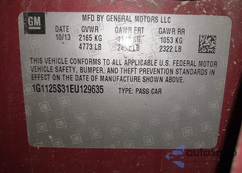 2014 Chevrolet Impala 2Lt из США, поврежденный, VIN 1G1125S31EU129635